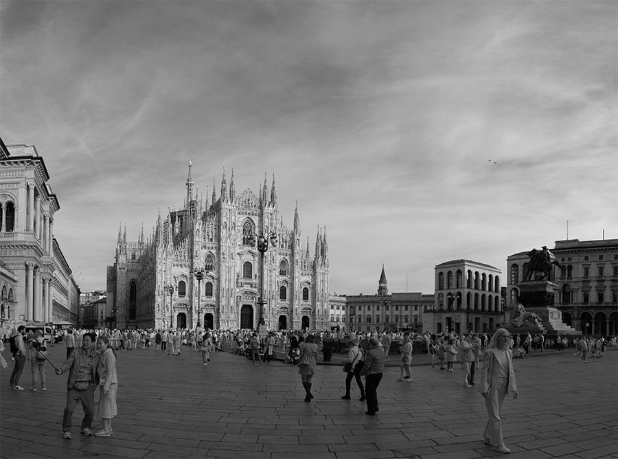 Infrared Photo of Milan's Piazza del Duomo (Cathedreal Square) with the Wedding Cake Cathedral in the Background.
